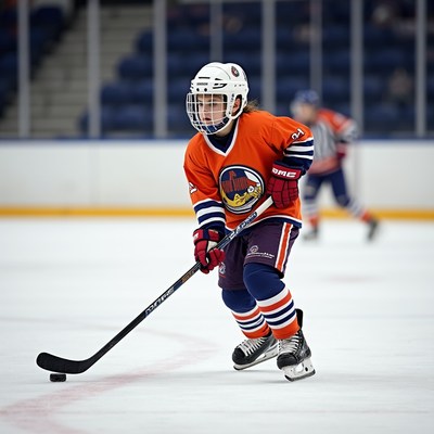 Girl playing hockey on ice rink
