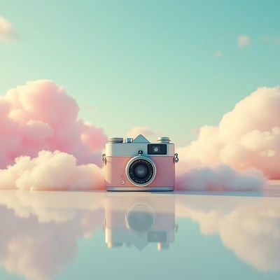 Pink vintage camera on clouds