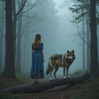 Woman and Wolf on Foggy Forest Log