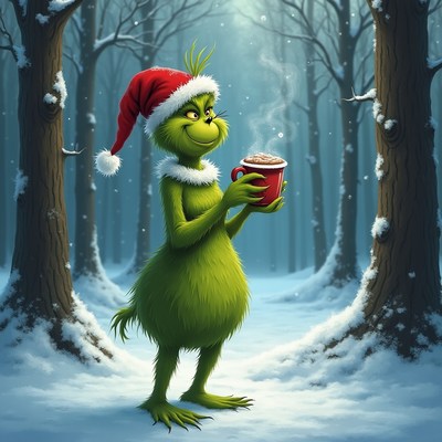 Grinch holding hot cocoa in snowy forest