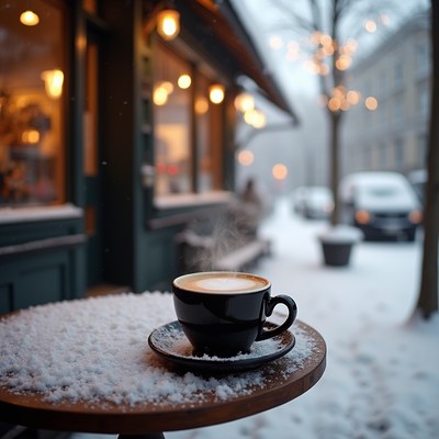 Steaming Latte on Snowy Outdoor Table