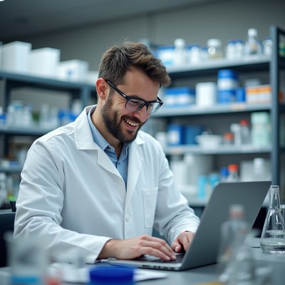 Man in lab coat using laptop