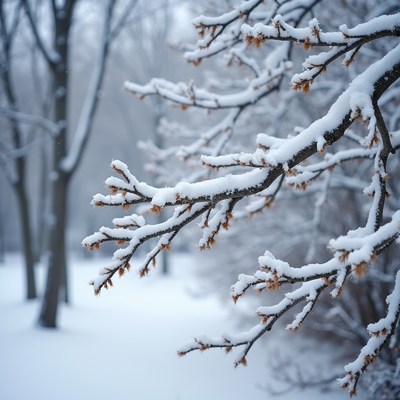 Snow-covered tree branches in winter forest