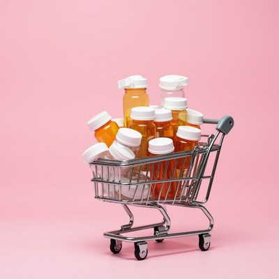Shopping Cart Filled with Medicine Bottles