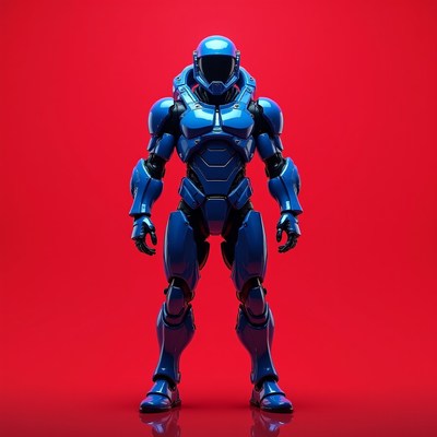 Blue armored soldier on red background