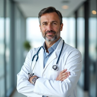 Male doctor arms crossed hospital hallway