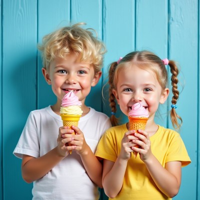 Boy and girl eating ice cream cones