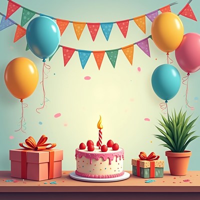 Birthday Cake with Balloons and Gifts