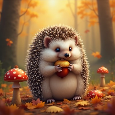 Cute hedgehog holding acorn in autumn forest