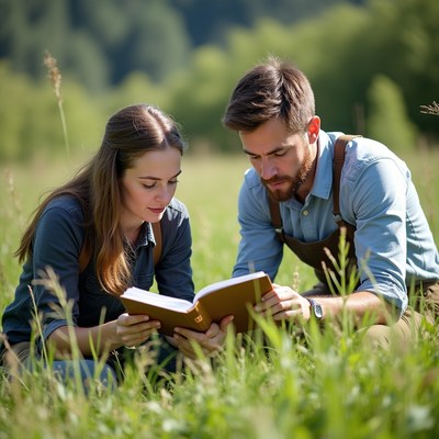 Young couple reading book in grass