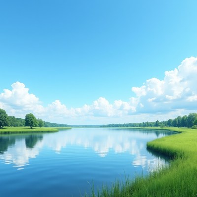 Serene River Landscape with Green Banks