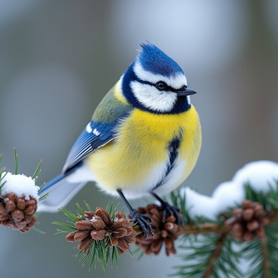 Blue Tit Perched on Snowy Pine Branch
