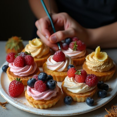 Woman Decorating Cupcakes with Berries