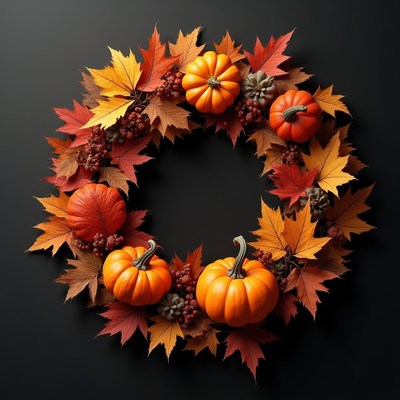 Autumn Pumpkin Wreath on Black Background