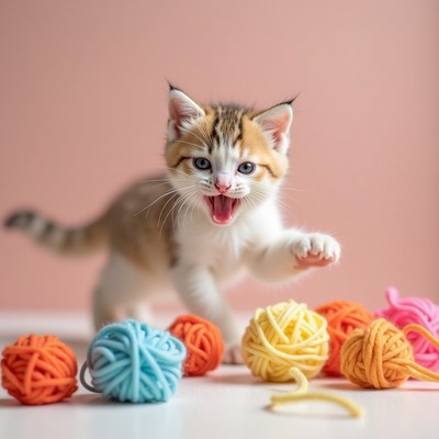 Kitten playing with yarn balls