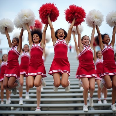 African-American cheerleaders jumping with pom poms
