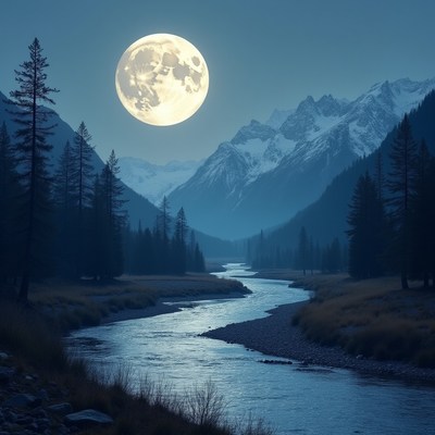 Full Moon Over Snowy Mountains and River