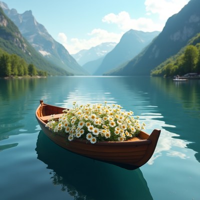 Wooden boat with daisies on turquoise lake