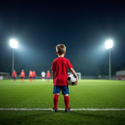Boy holding soccer ball on field
