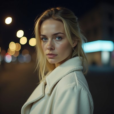 Blonde woman in white coat at night