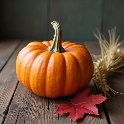 Orange Pumpkin with Wheat and Red Leaf