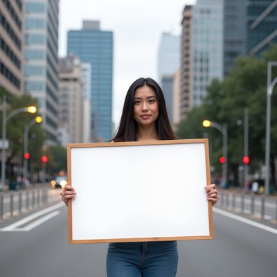 Asian woman holding blank sign urban street