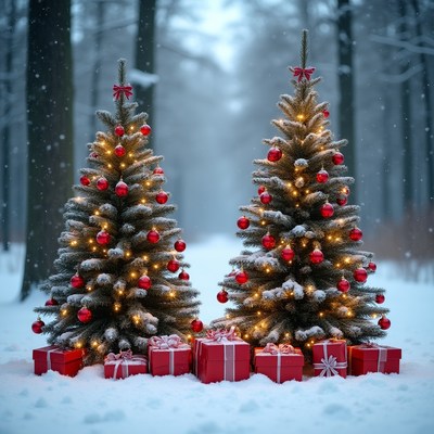 Two Lit Christmas Trees with Gifts in Snowy Forest