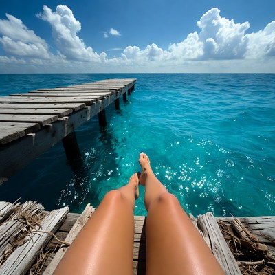 Woman's Legs Dangling Over Ocean Pier