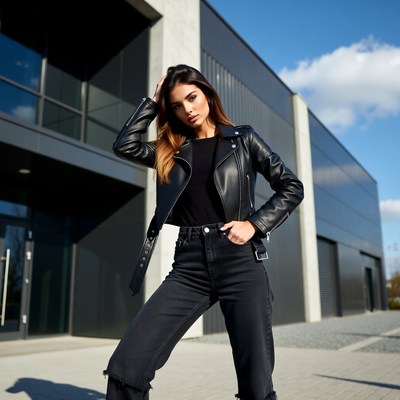 Woman in leather jacket and jeans