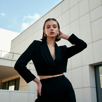 Woman in black blazer posing urban