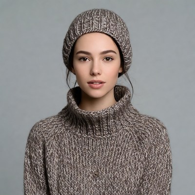 Woman in knit beanie and turtleneck sweater
