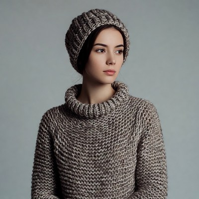 Woman in knit beanie and turtleneck sweater