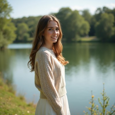 Smiling woman by lake in woods