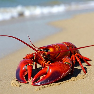 Red lobster on beach sand