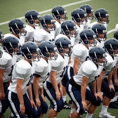Football team in helmets on field