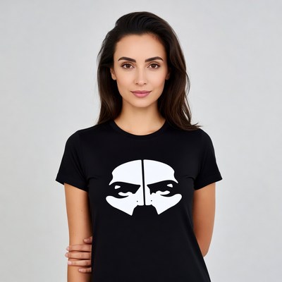 Woman wearing black Guy Fawkes t-shirt