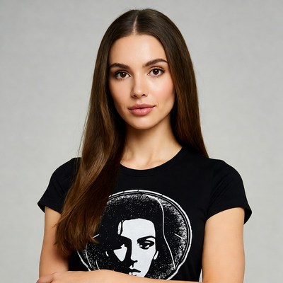 Woman in black t-shirt with portrait print