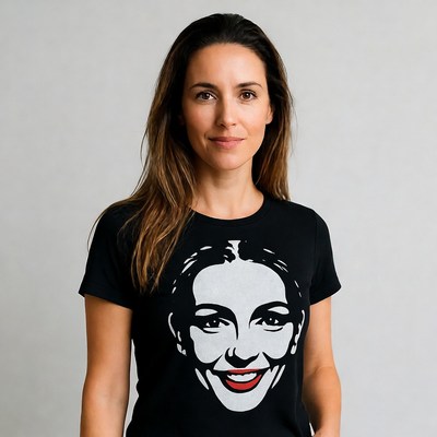Woman wearing black t-shirt with woman's face print