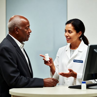 Pharmacist discussing medication with elderly man