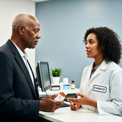 African-American man consulting female pharmacist