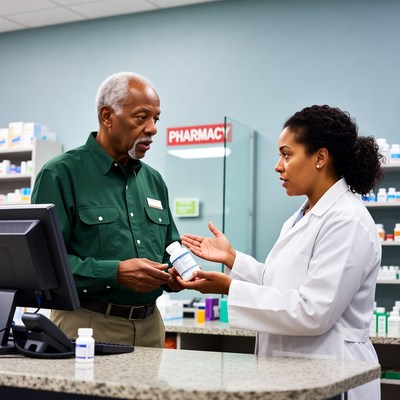 African-American Pharmacist Assisting Elderly Man