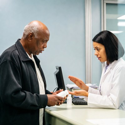 Elderly African-American man doctor discussing medicine
