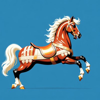 Jumping chestnut horse with saddle