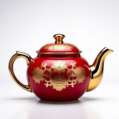 Red gold teapot with floral design
