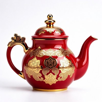 Red Teapot with Gold Ornate Designs