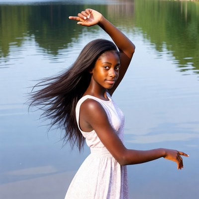 African-American girl dancing by lake