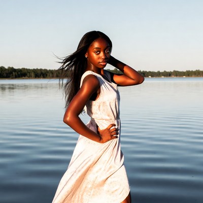 African-American woman posing by lake