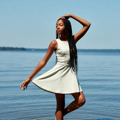 African-American girl dancing by lake