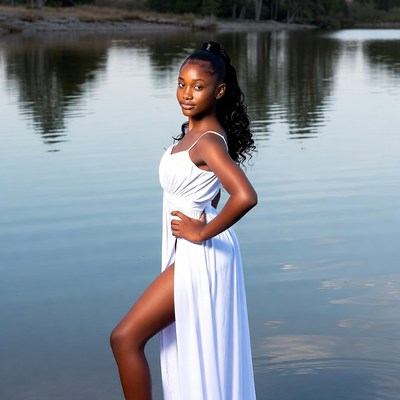 African-American woman in white dress by lake