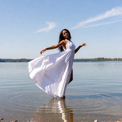Black woman dancing in white dress on lake